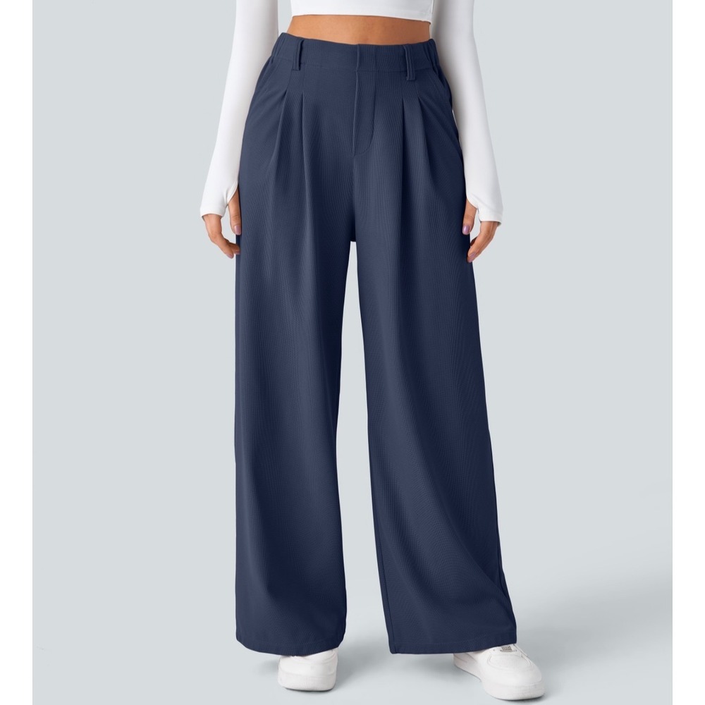 Halara Flex High Waisted Pocket Wide Leg Waffle Work Pants Navy Blue Large L